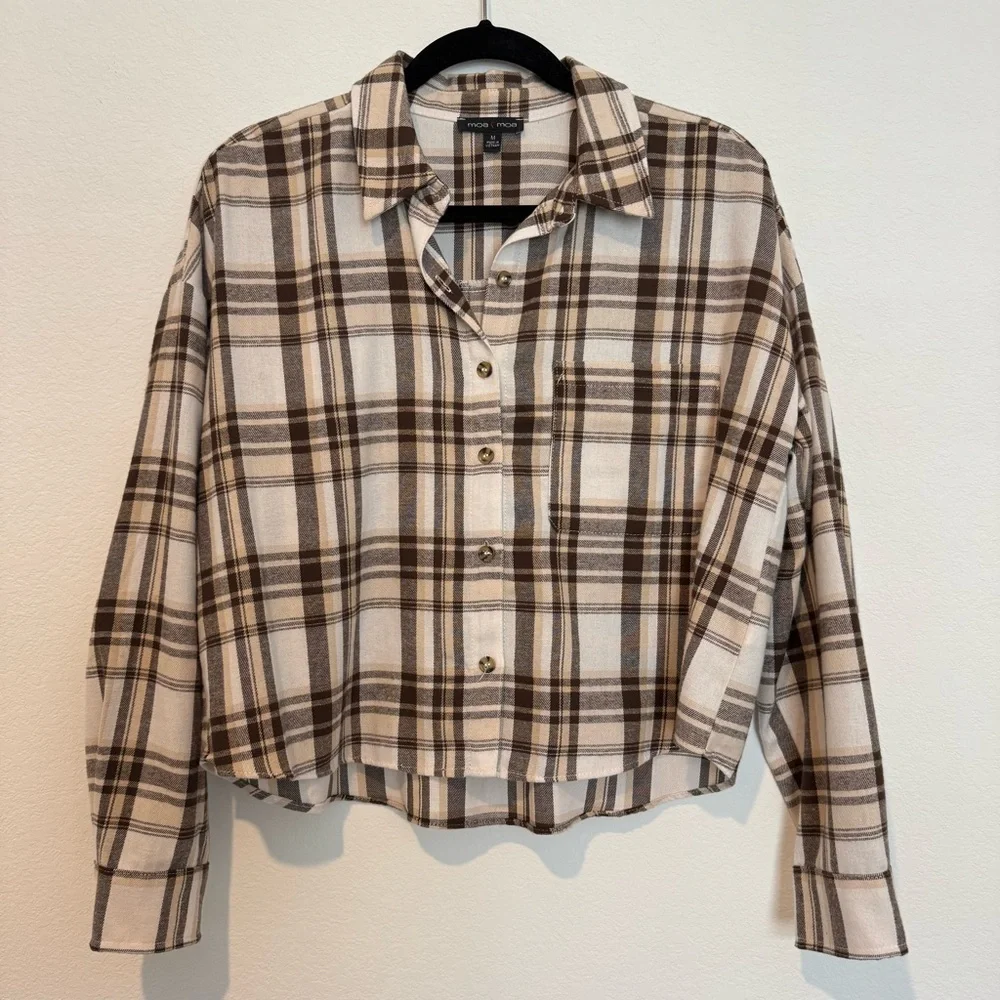 Moa Moa Brown Plaid Long Sleeve Cropped Shirt - Picture 1 of 6